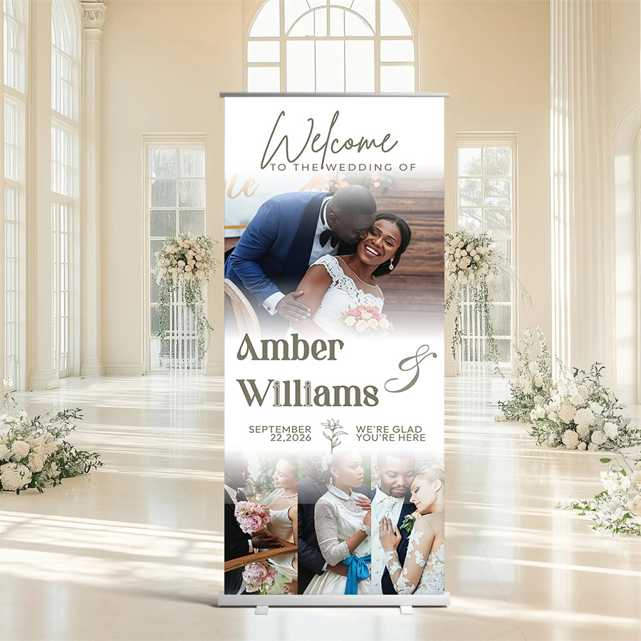 Customized wedding retractable banners - personalized photo wedding welcome signs, reception decorations and background curtains